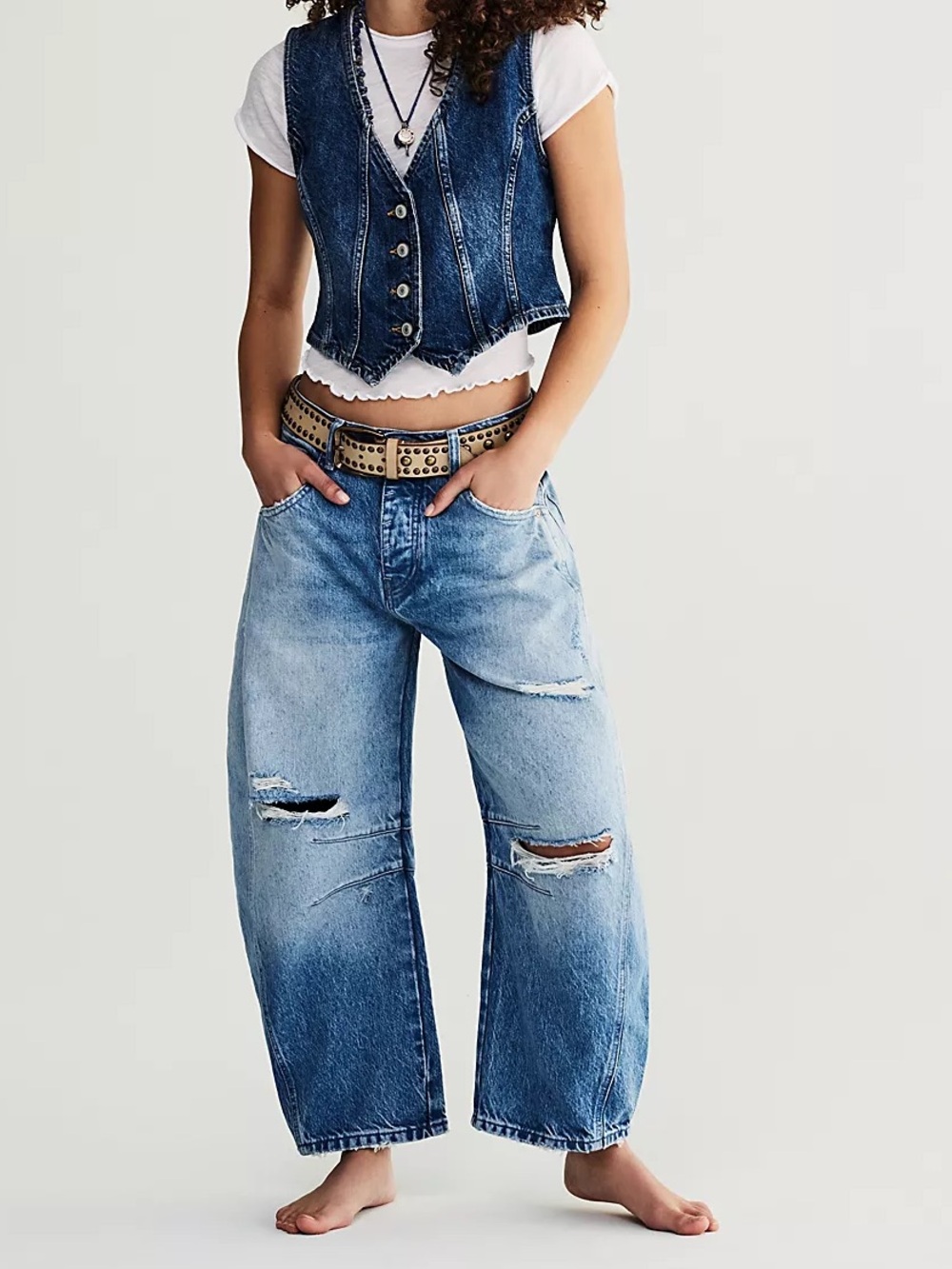 Free People • We The Free Good Luck Mid Rise Barrel Jean Barnyard Blue